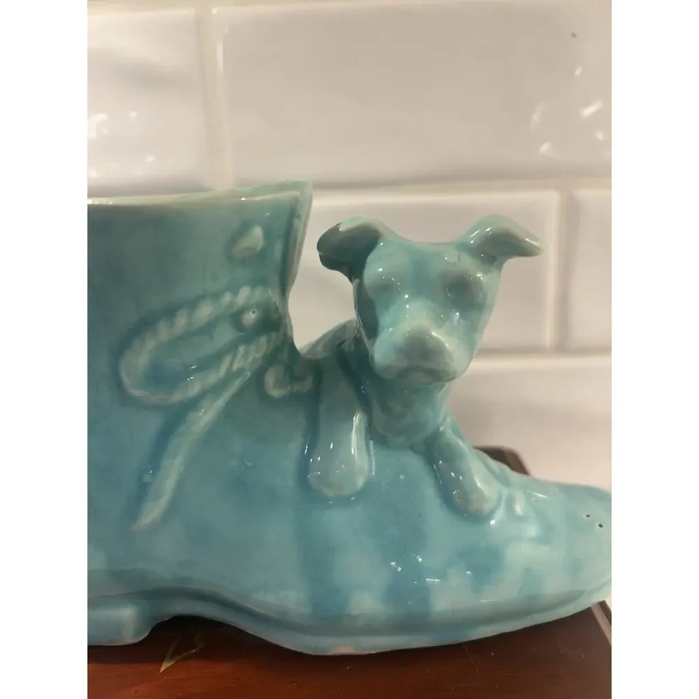 Vintage USA‎ Pottery Blue Ceramic Shoe With Dog Planter With Bow
